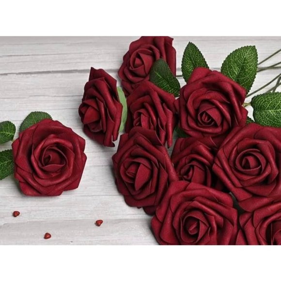 20 Count | Burgundy & White Roses Hydrangea Flowers Wedding Bouquet Centerpiece - Picture 5 of 5